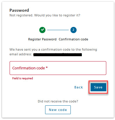Image for entering the confirmation code that was sent to the personal email address.