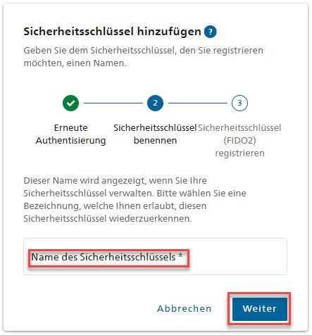 Eingabebildschirm um dem FIDO Sicherheitsschlüssel zu benennen.