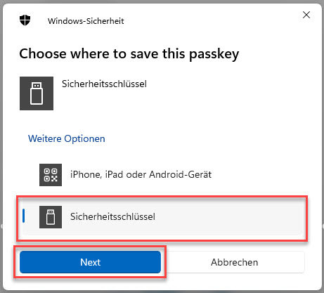 Anzeige um den Type des Sicherheitsschlüssel zu selektieren.