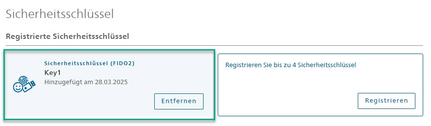 Anzeige der erfolgreichen Registrierung des FIDO Sicherheitsschlüssels.