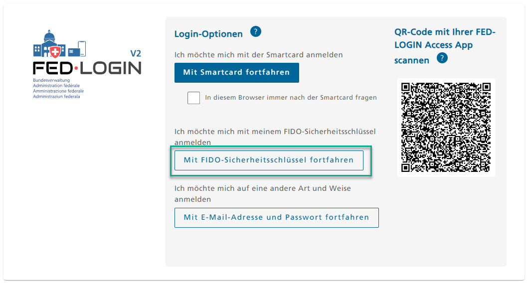 FED-LOGIN Anmeldeschirm ausserhalb des Bundesnetzes.