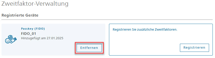 Anzeige zum entfernen des FIDO Sicherheitsschlüssels.
