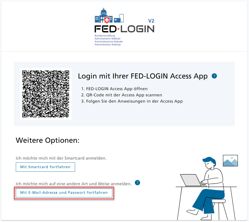 FED-LOGIN Anmeldeschirm ausserhalb des Bundesnetzes. Mit e-Mail Adresse und Passwort fortfahren.