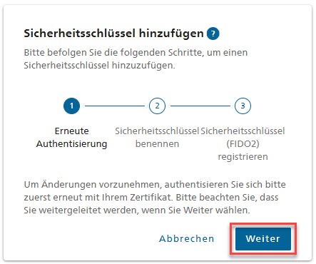 Anleitung um einen FIDO Sicherheitsschlüssel hinzu zu fügen. Erneute Authentifizierung, Passkey benennen und registrieren.